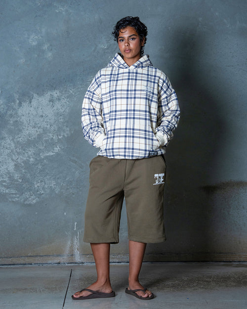 PLAID 5 STAR EMBROIDERED HOODIE - BEIGE/NAVY