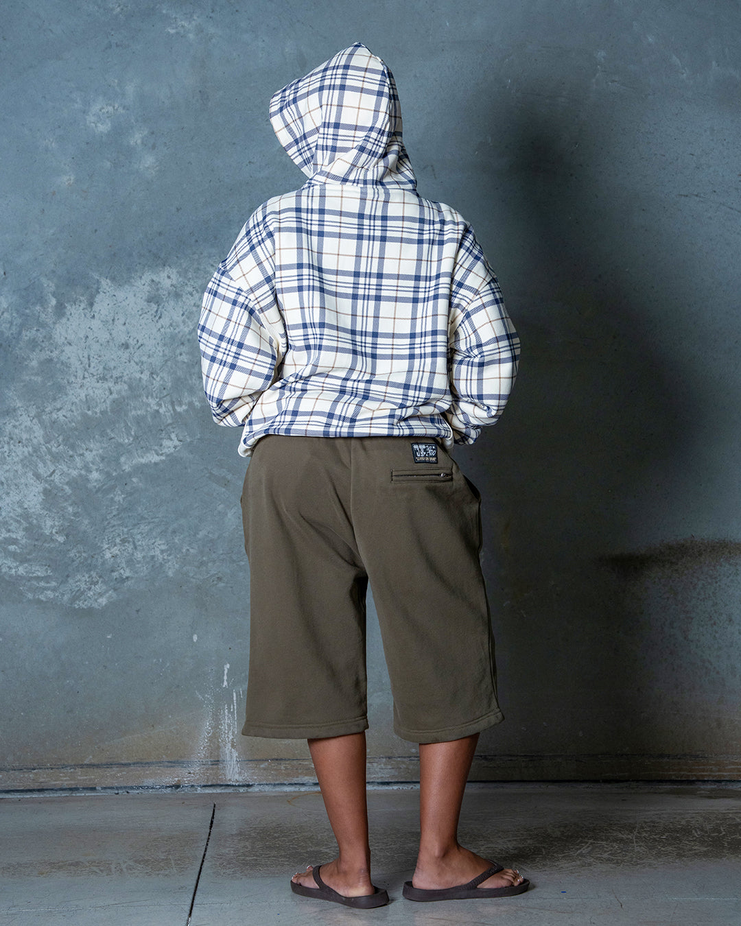 PLAID 5 STAR EMBROIDERED HOODIE - BEIGE/NAVY
