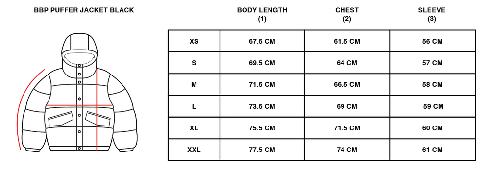 BIG BP PUFFER JACKET BLACK size chart