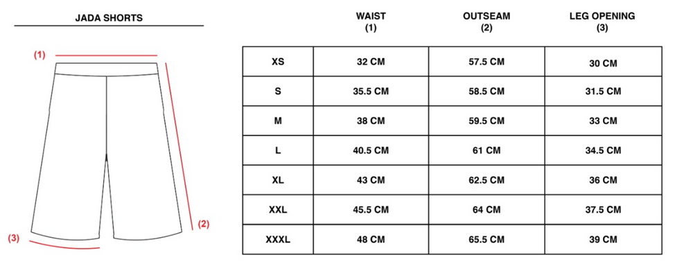 JADA HORIZON SHORTS - BLUE size chart