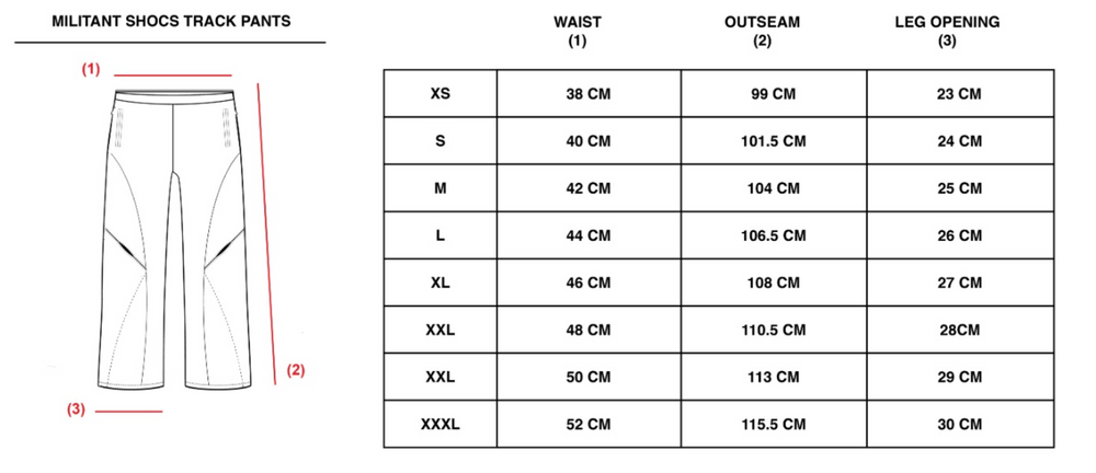 MILITANT SHOCS TRACKPANTS - BLACK/GREEN size chart